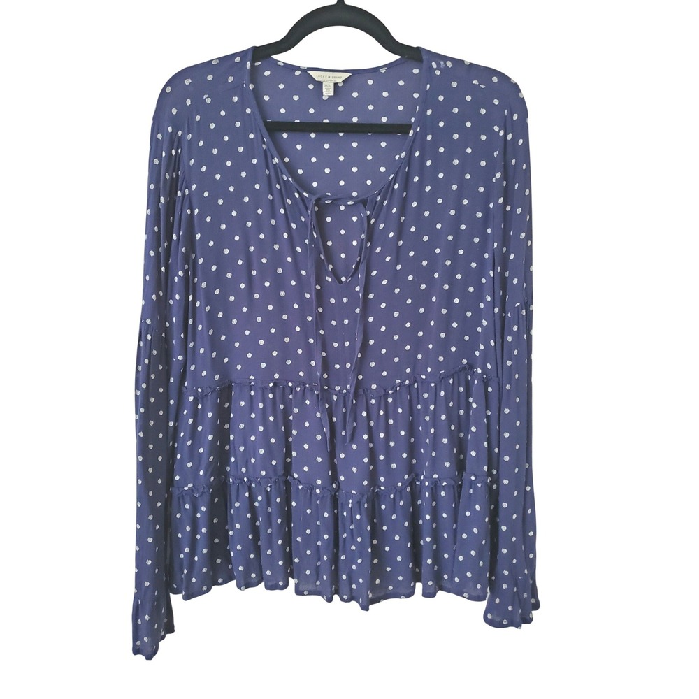 Lucky Brand Womens Navy Blue Polka Dot Tiered Babydoll Blouse Top Medium Peplum